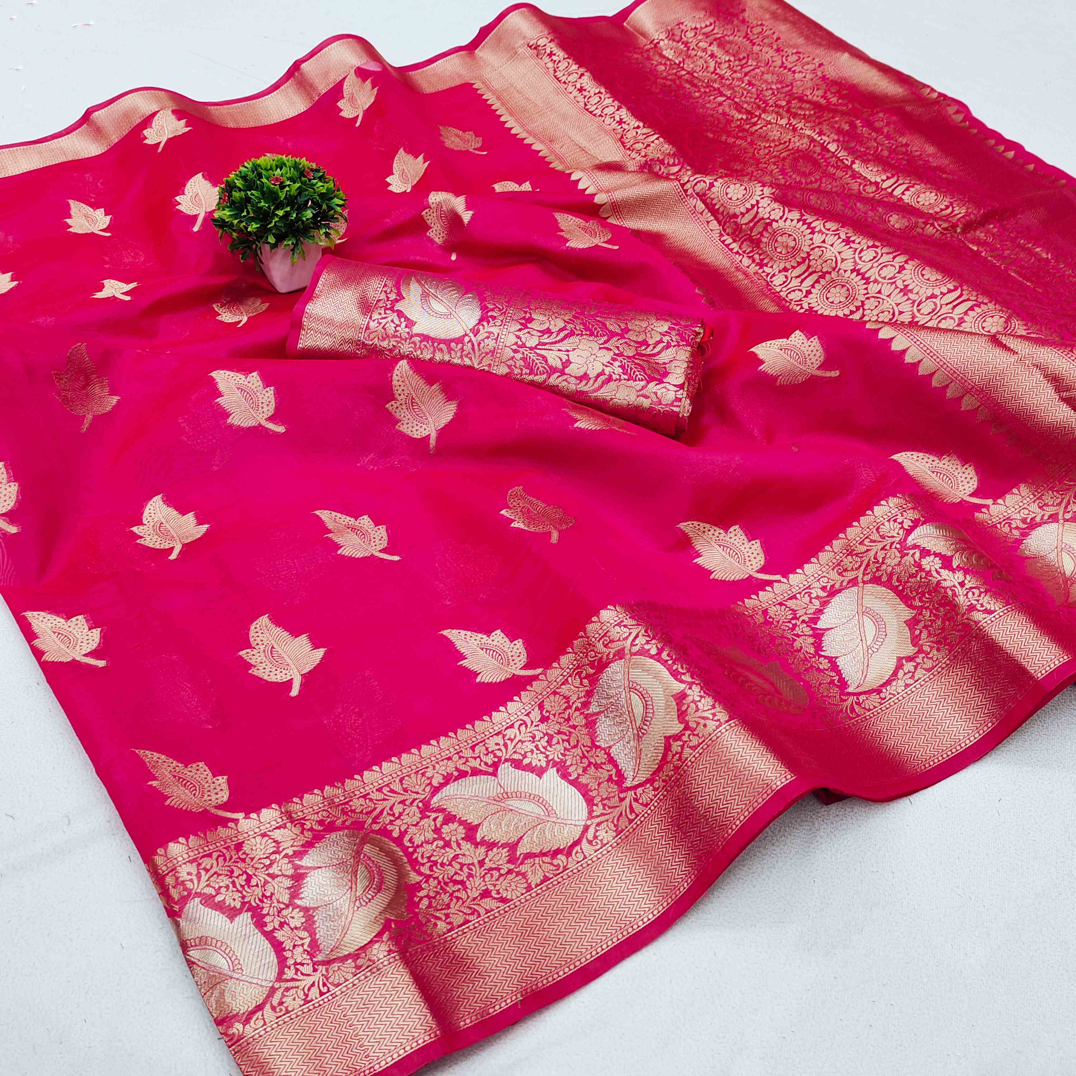 Most Flattering Dark Pink Banarasi Silk Saree With Rhapsody Blouse Piece