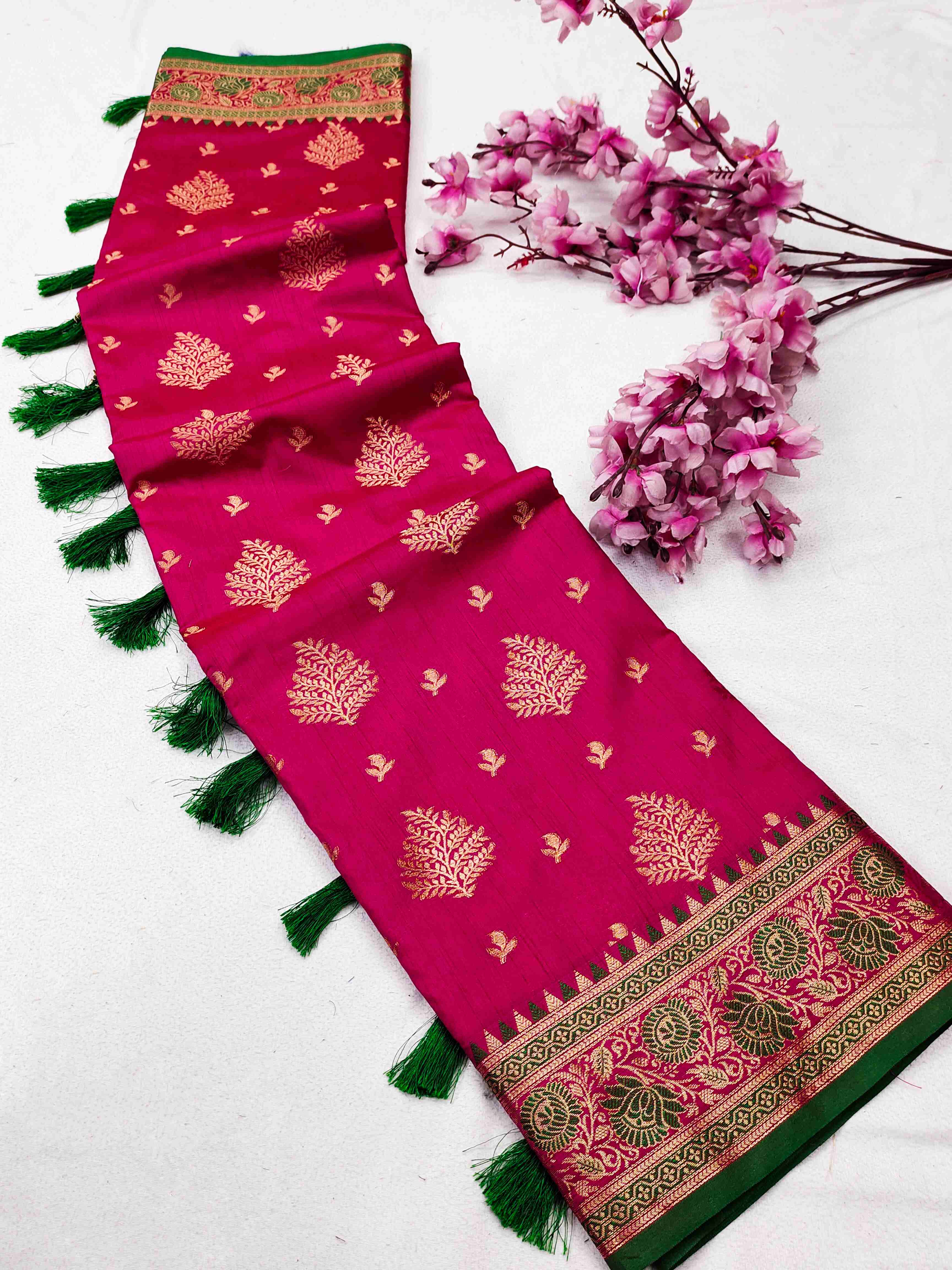 Most Flattering Dark Pink Banarasi Silk Saree With Rhapsody Blouse Piece