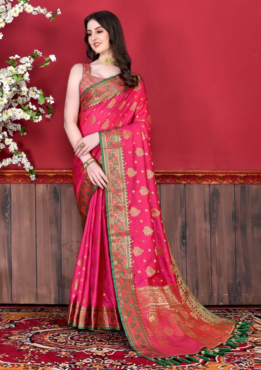 Most Flattering Dark Pink Banarasi Silk Saree With Rhapsody Blouse Piece