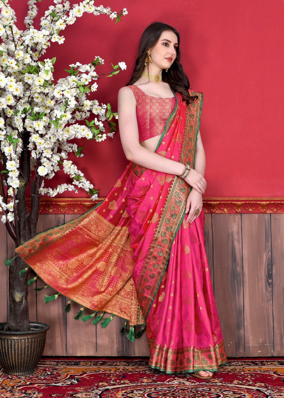 Most Flattering Dark Pink Banarasi Silk Saree With Rhapsody Blouse Piece