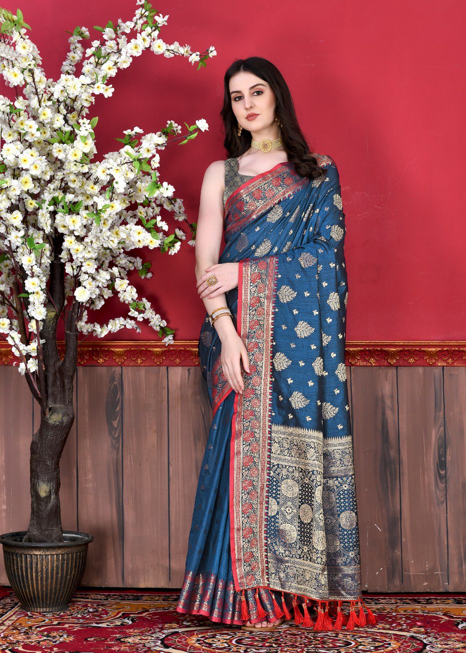 Entrancing Navy Blue Banarasi Silk Saree With Glamorous Blouse Piece