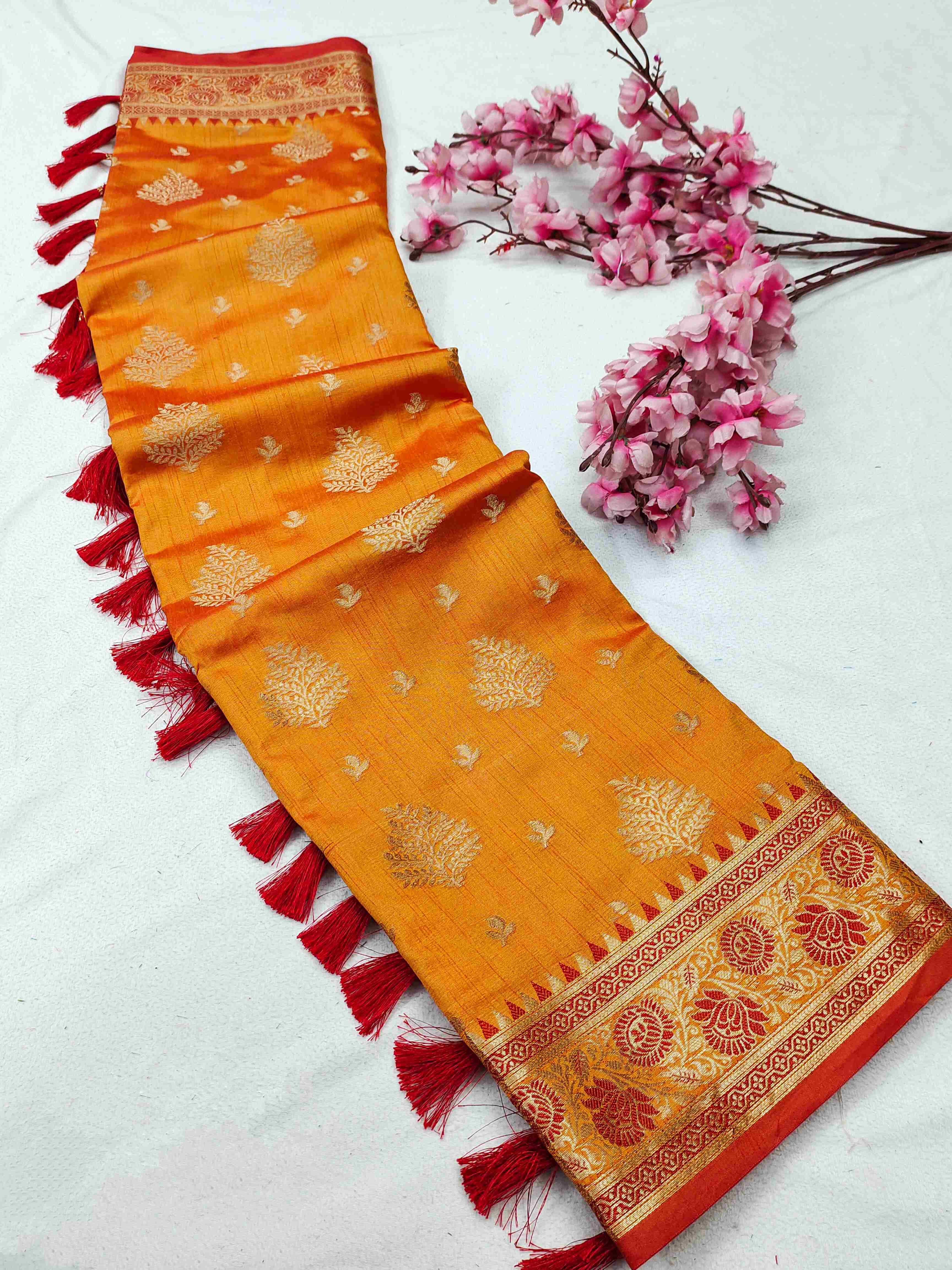 Gossamer Orange Banarasi Silk Saree With Luminous Blouse Piece