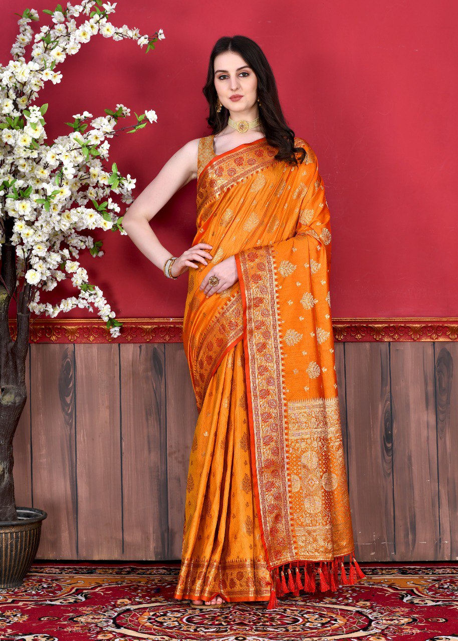 Gossamer Orange Banarasi Silk Saree With Luminous Blouse Piece