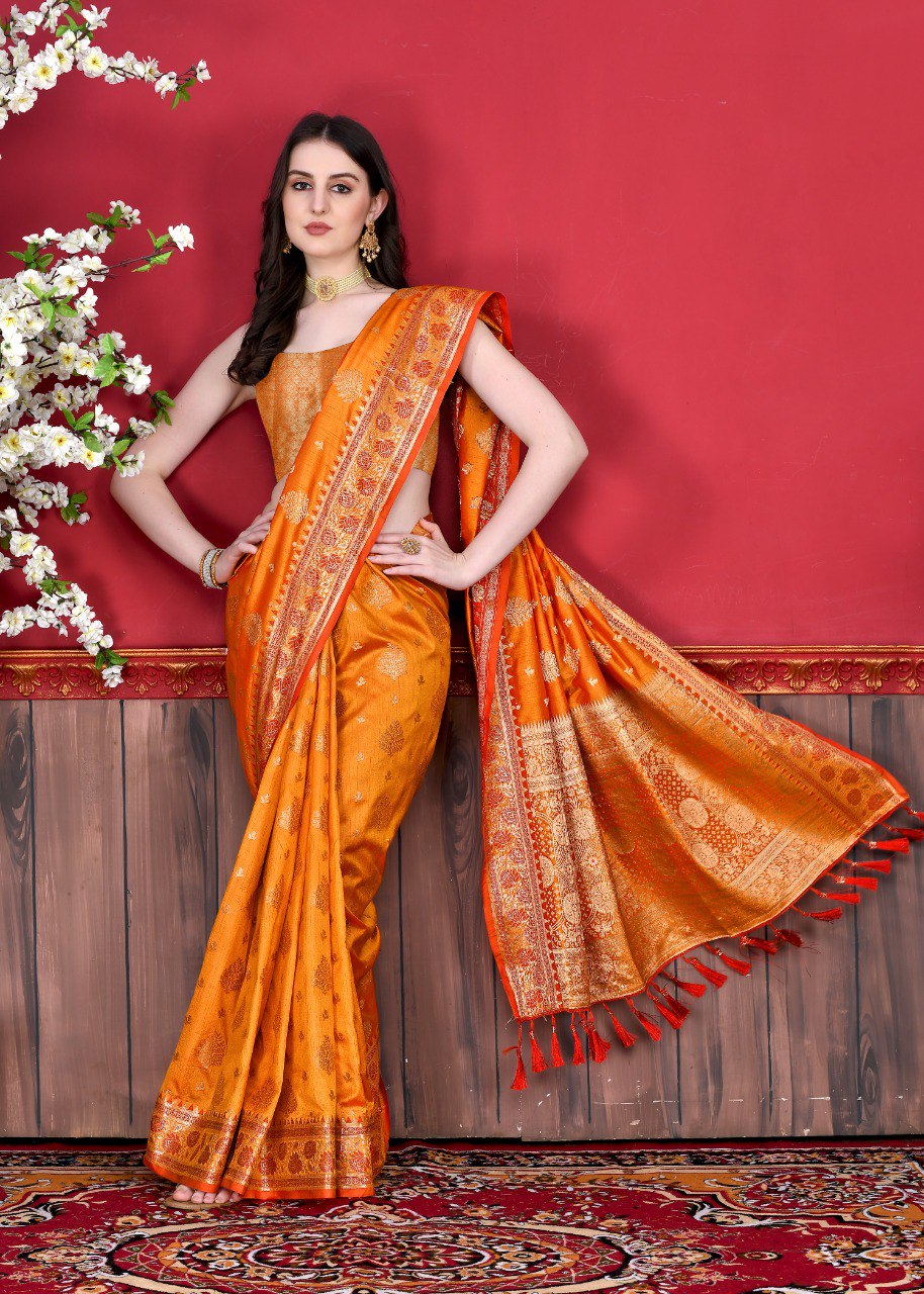 Gossamer Orange Banarasi Silk Saree With Luminous Blouse Piece