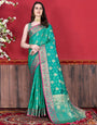 Fugacious Rama Banarasi Silk Saree With Lustrous Blouse Piece