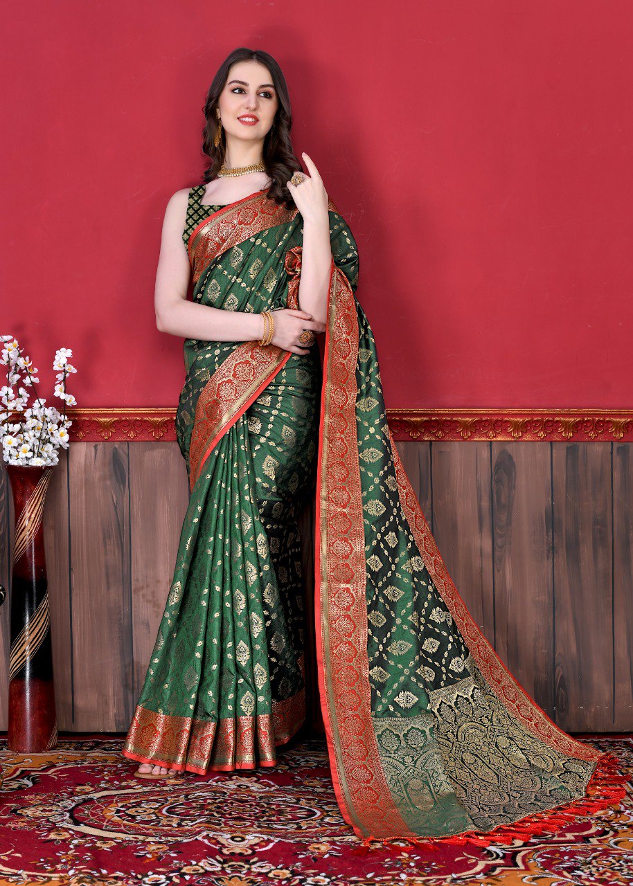 Inspiring Dark Green Banarasi Silk Saree With Resonant Blouse Piece