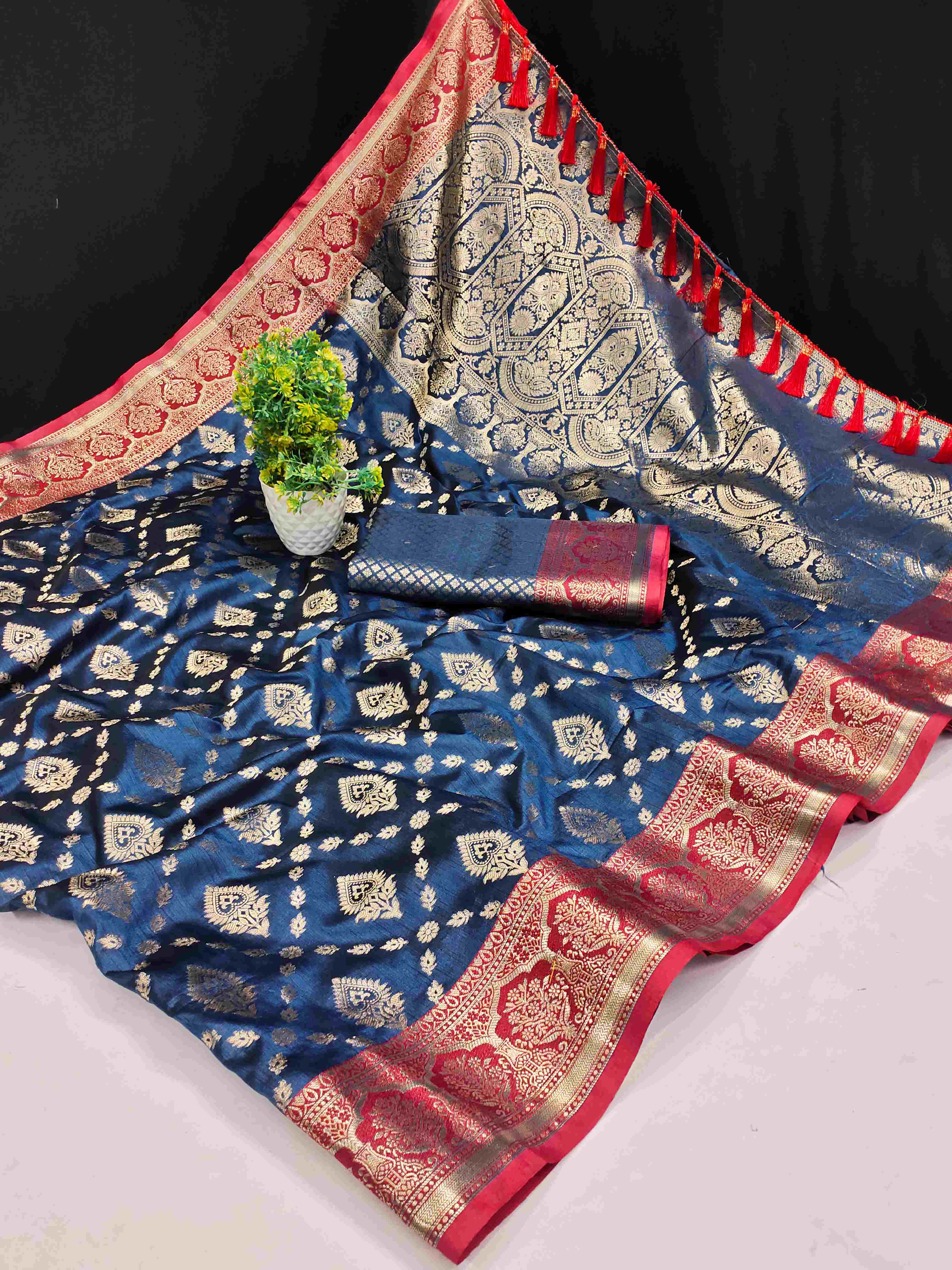 Most Stunning Navy Blue Banarasi Silk Saree With Opulent Blouse Piece