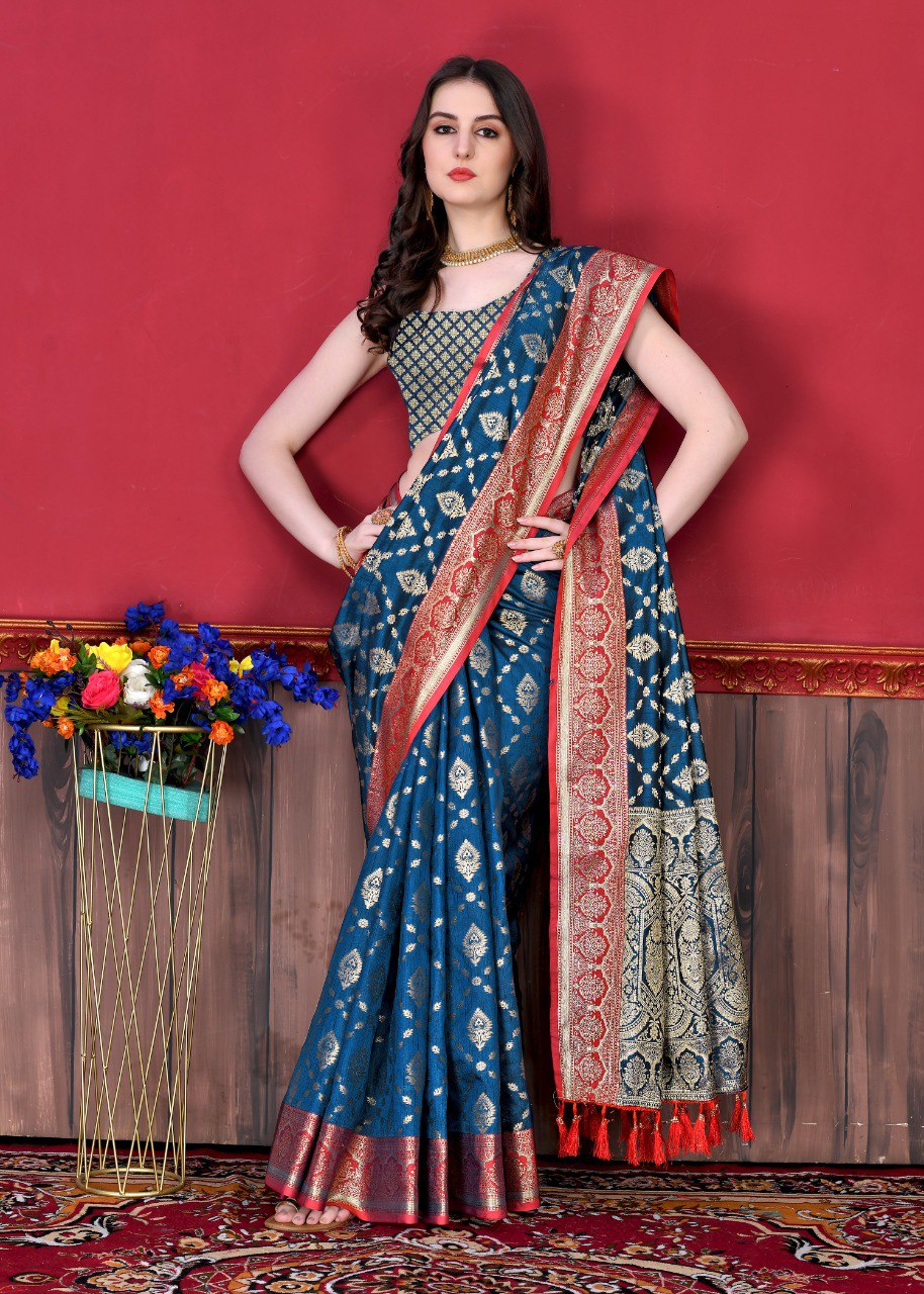 Most Stunning Navy Blue Banarasi Silk Saree With Opulent Blouse Piece