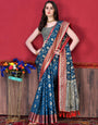 Most Stunning Navy Blue Banarasi Silk Saree With Opulent Blouse Piece