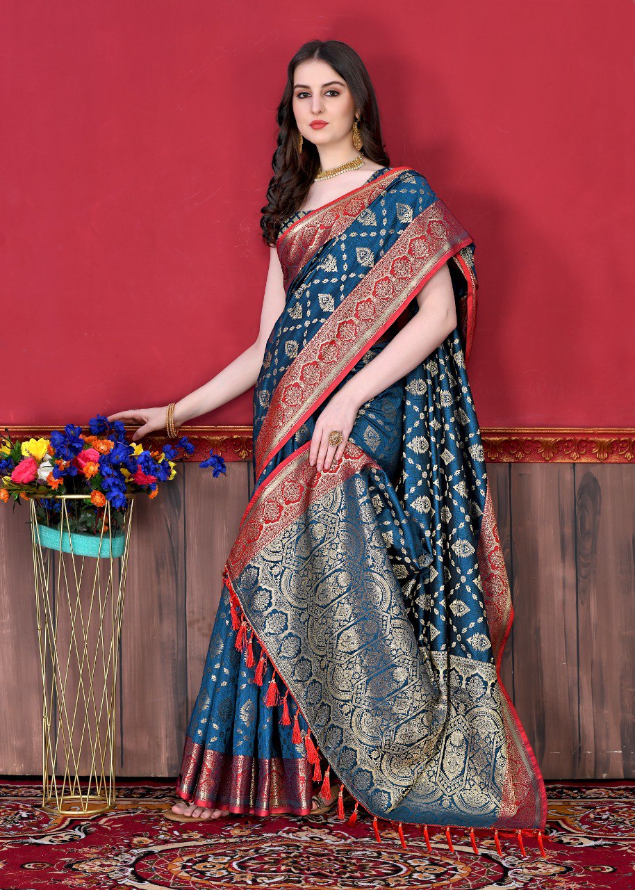 Most Stunning Navy Blue Banarasi Silk Saree With Opulent Blouse Piece