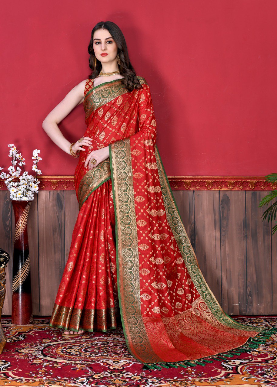 Evocative Red Banarasi Silk Saree With Rhapsody Blouse Piece