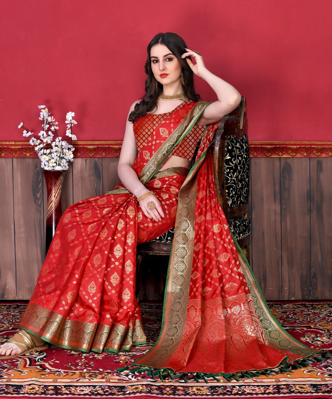 Evocative Red Banarasi Silk Saree With Rhapsody Blouse Piece