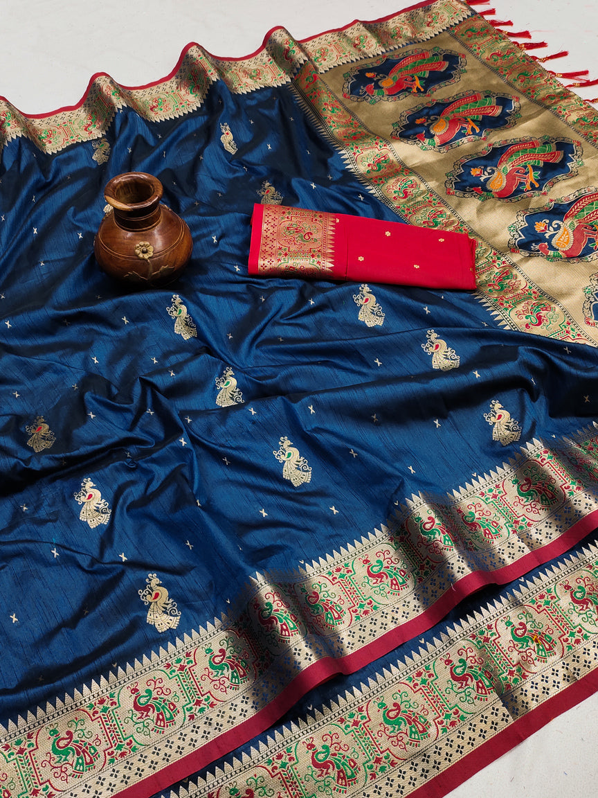 Evanescent Blue Paithani Silk Saree With Glamorous Blouse Piece