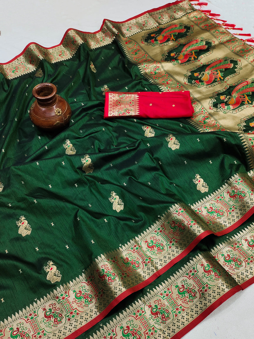 Prettiest Dark Green Paithani Silk Saree With Rhapsodic Blouse Piece