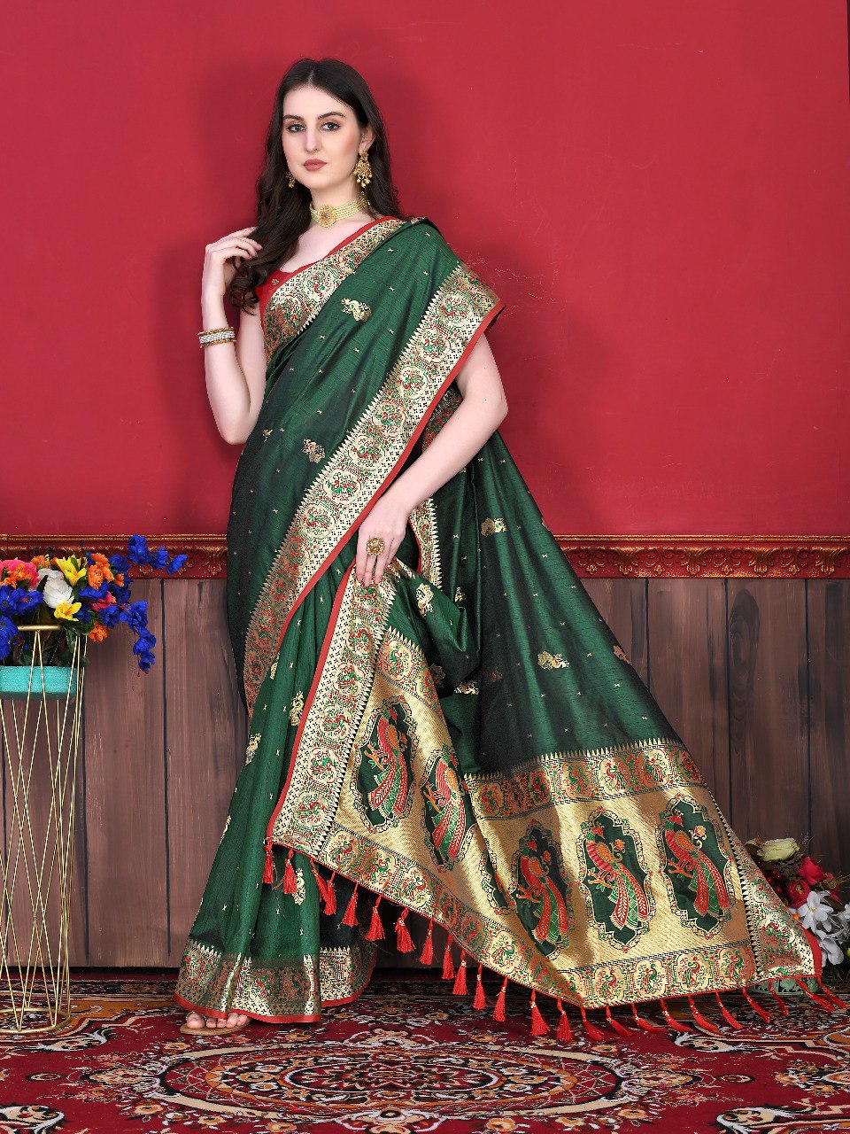 Prettiest Dark Green Paithani Silk Saree With Rhapsodic Blouse Piece