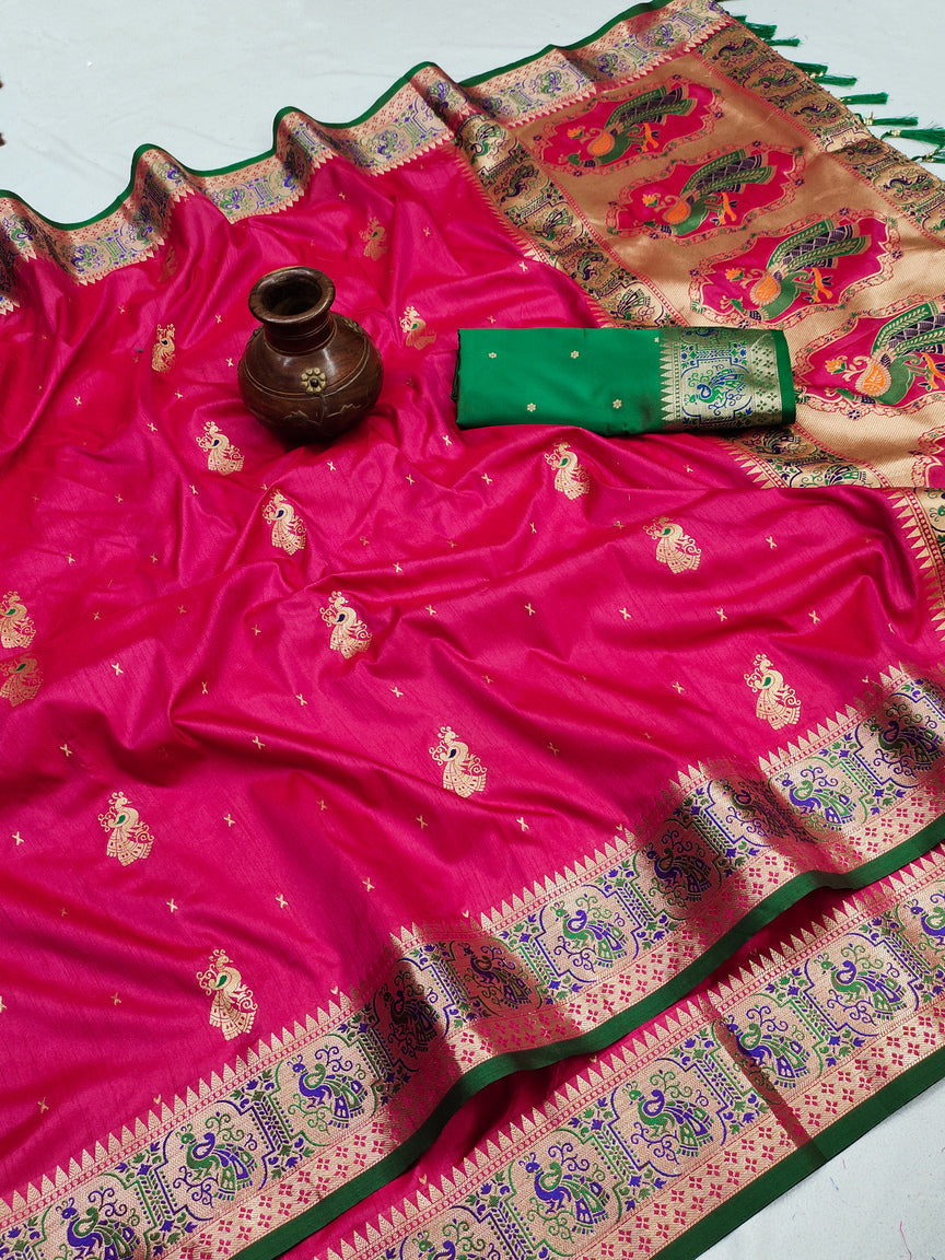 Desirable Dark Pink Paithani Silk Saree With Effulgent Blouse Piece