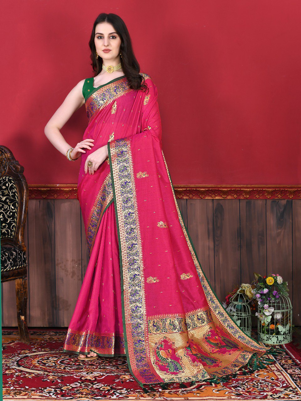 Desirable Dark Pink Paithani Silk Saree With Effulgent Blouse Piece