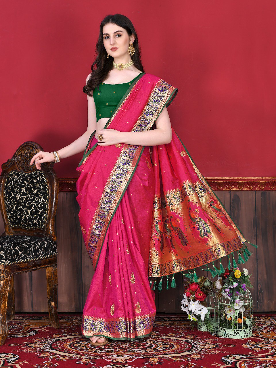 Desirable Dark Pink Paithani Silk Saree With Effulgent Blouse Piece