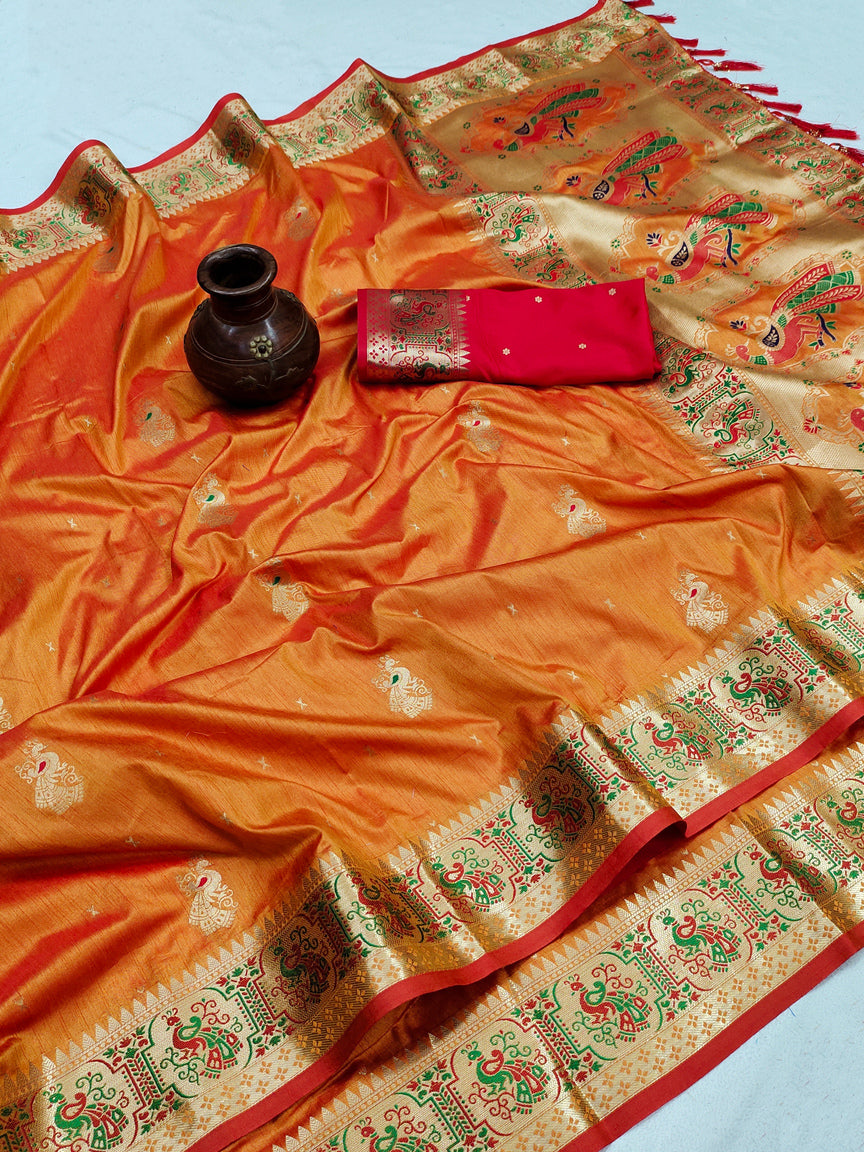 Epiphany Orange Paithani Silk Saree With Resonant Blouse Piece