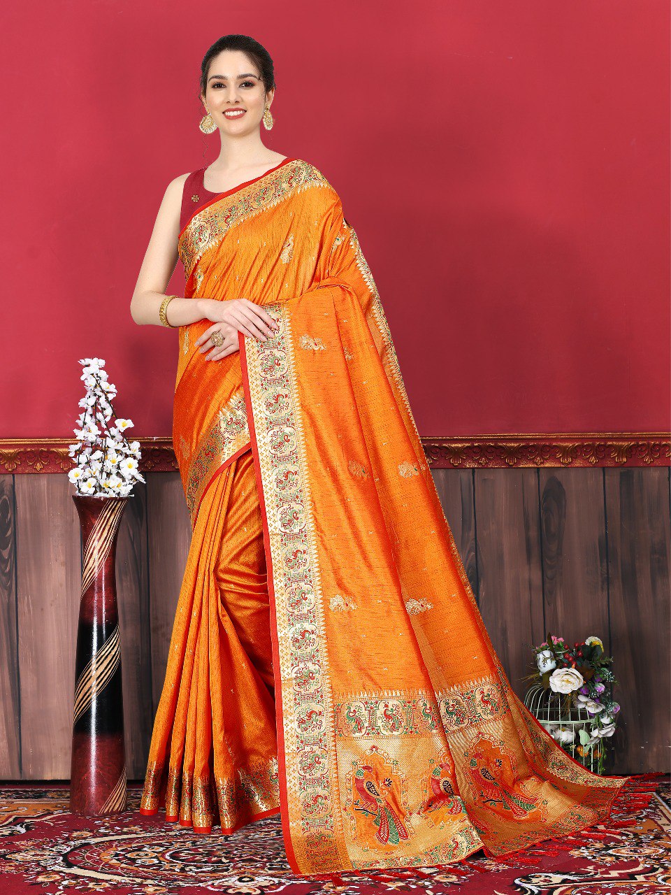 Epiphany Orange Paithani Silk Saree With Resonant Blouse Piece