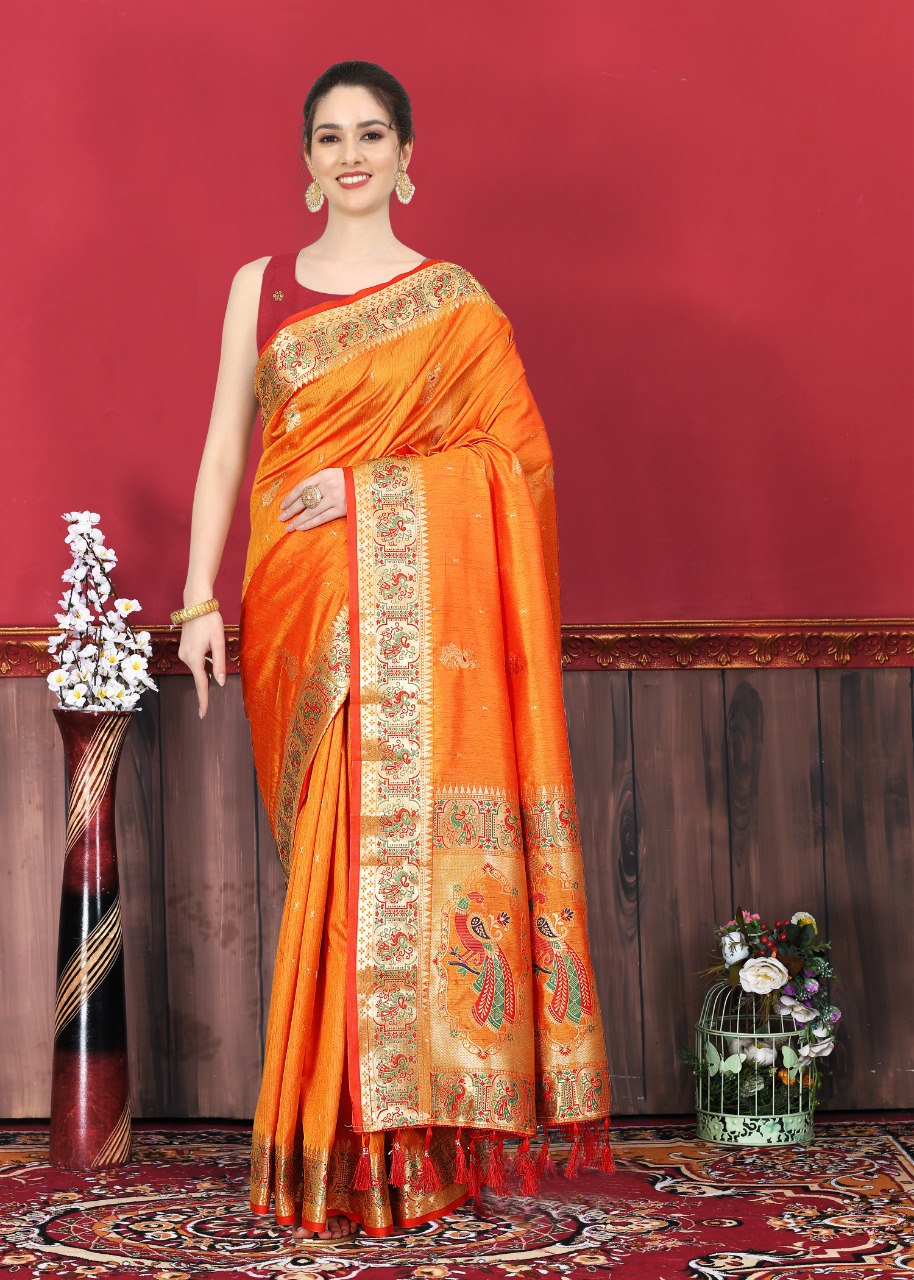 Epiphany Orange Paithani Silk Saree With Resonant Blouse Piece