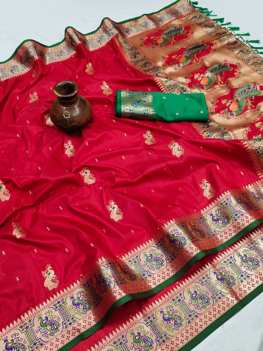 Ephemeral Red Paithani Silk Saree With Zephyr Blouse Piece