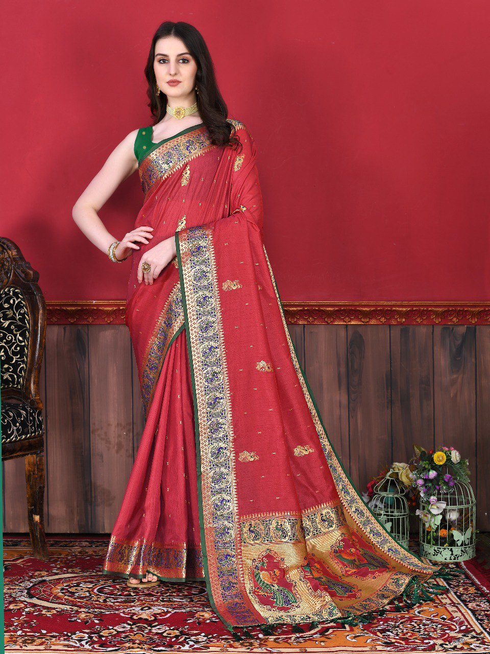 Ephemeral Red Paithani Silk Saree With Zephyr Blouse Piece