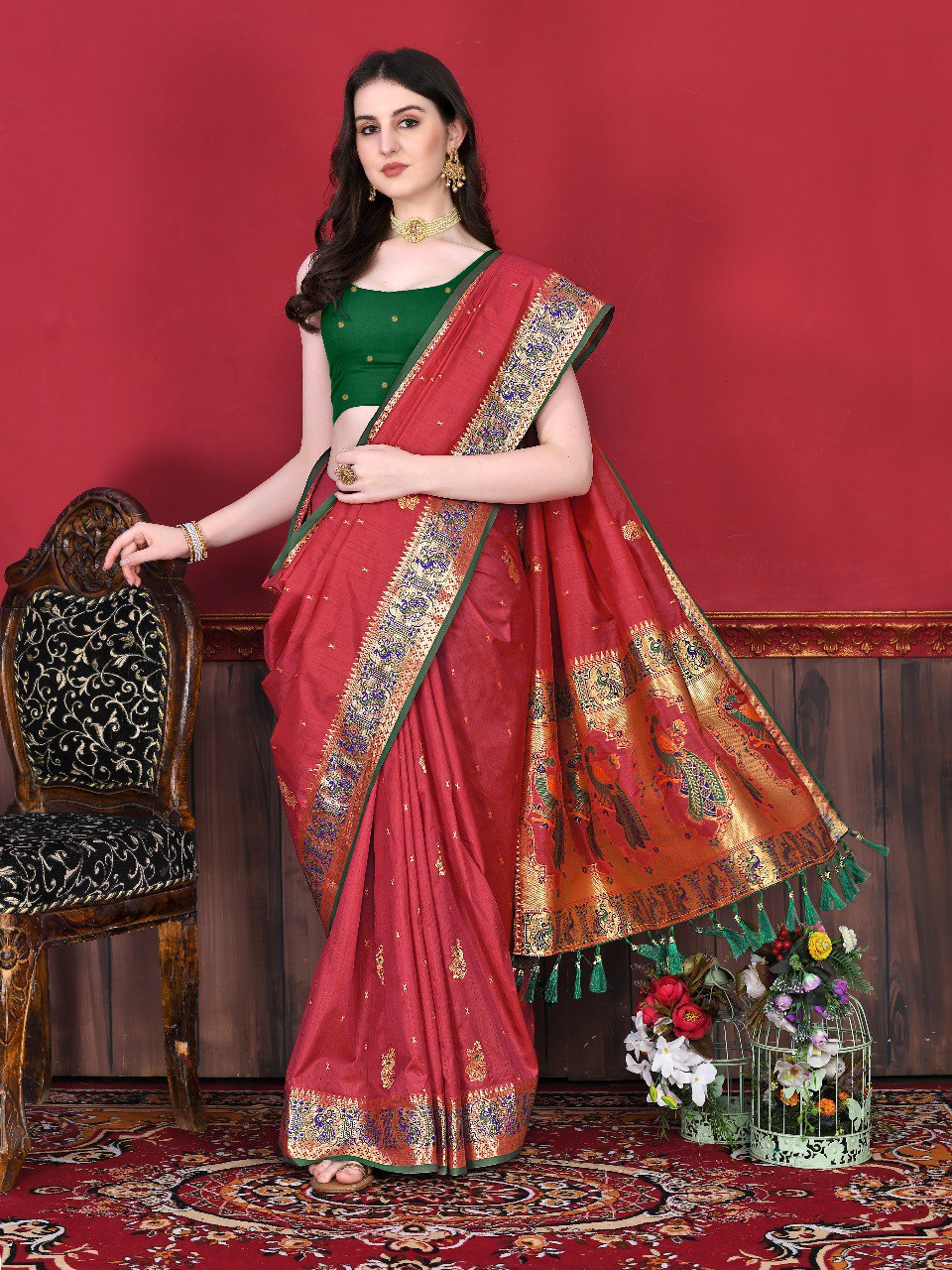 Ephemeral Red Paithani Silk Saree With Zephyr Blouse Piece