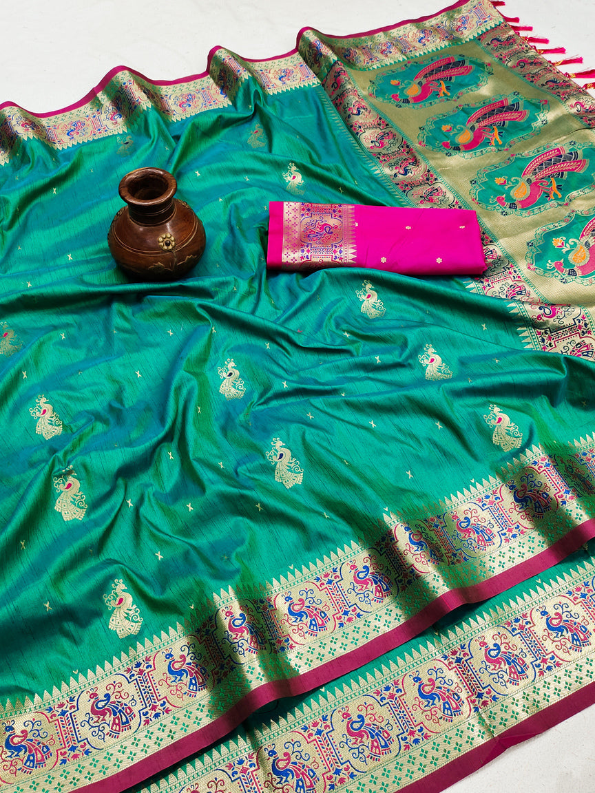 Embrocation Turquoise Paithani Silk Saree With Opulent Blouse Piece