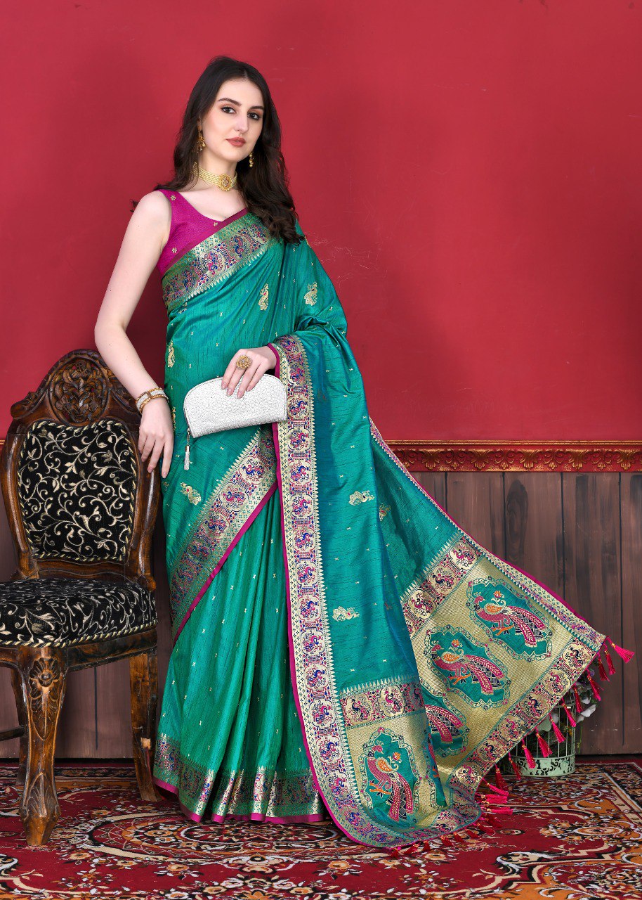 Embrocation Turquoise Paithani Silk Saree With Opulent Blouse Piece