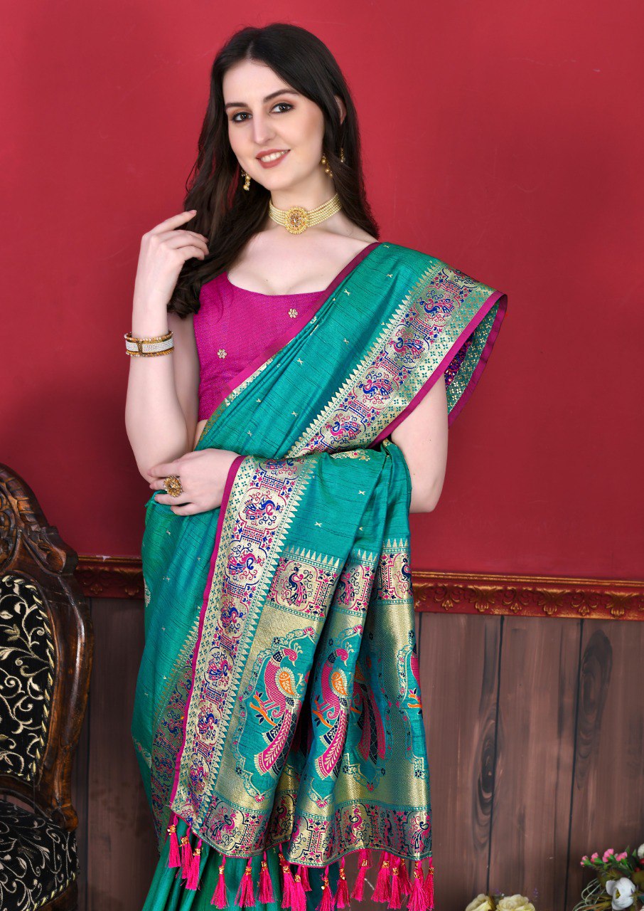 Embrocation Turquoise Paithani Silk Saree With Opulent Blouse Piece