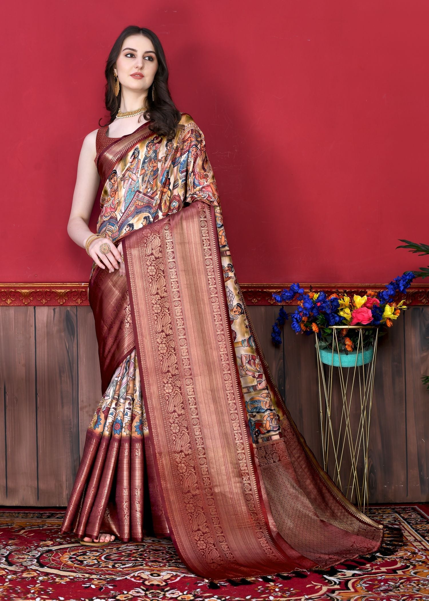 Attractive Beige Kalamkari Printed Saree With Desuetude Blouse Piece