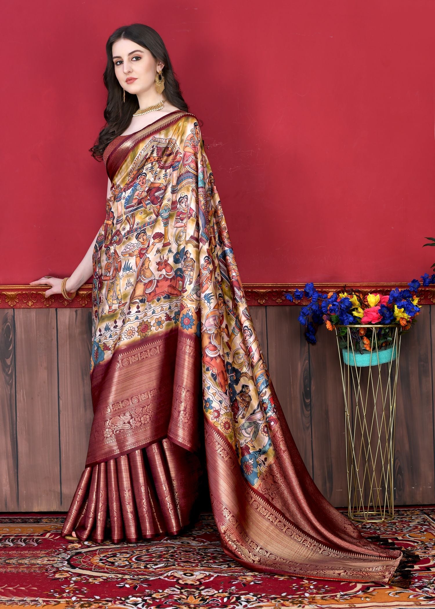 Attractive Beige Kalamkari Printed Saree With Desuetude Blouse Piece