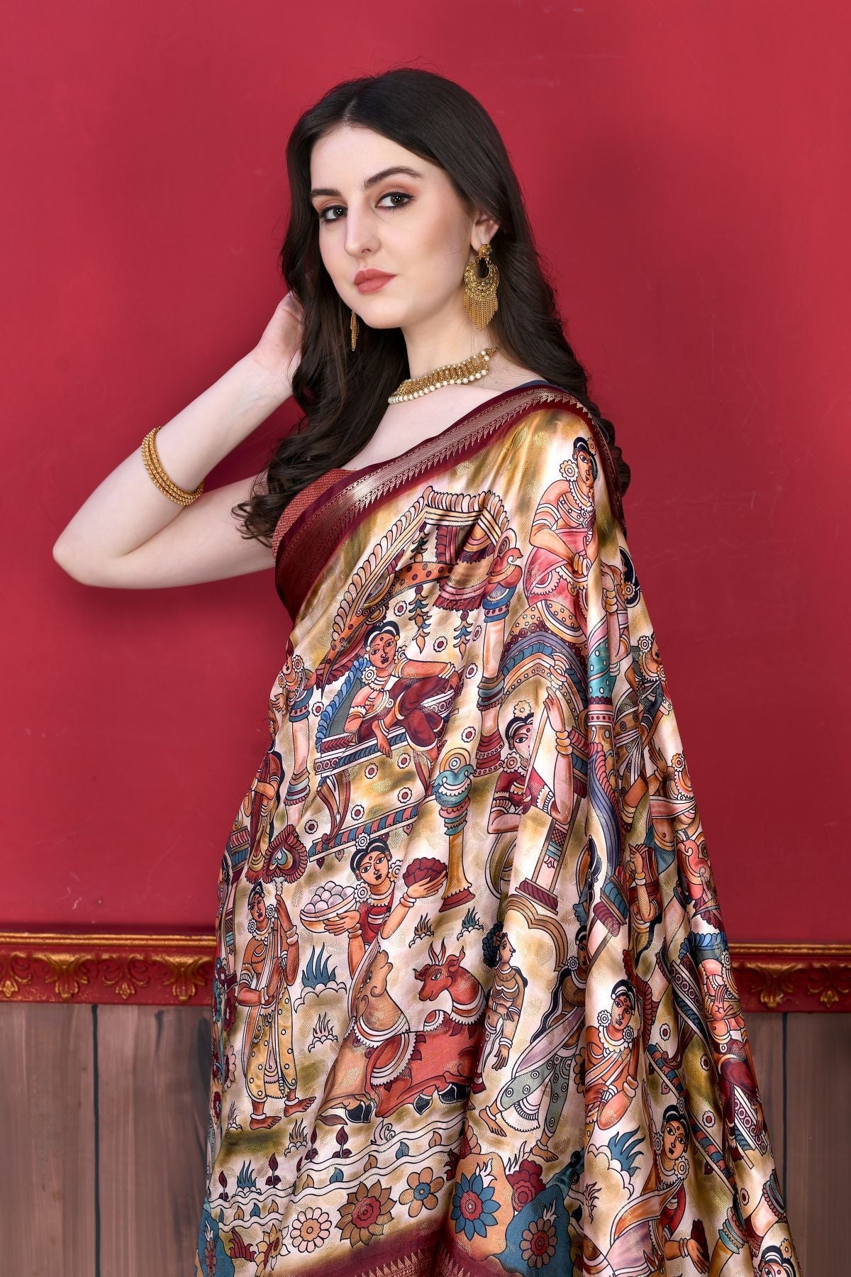 Attractive Beige Kalamkari Printed Saree With Desuetude Blouse Piece