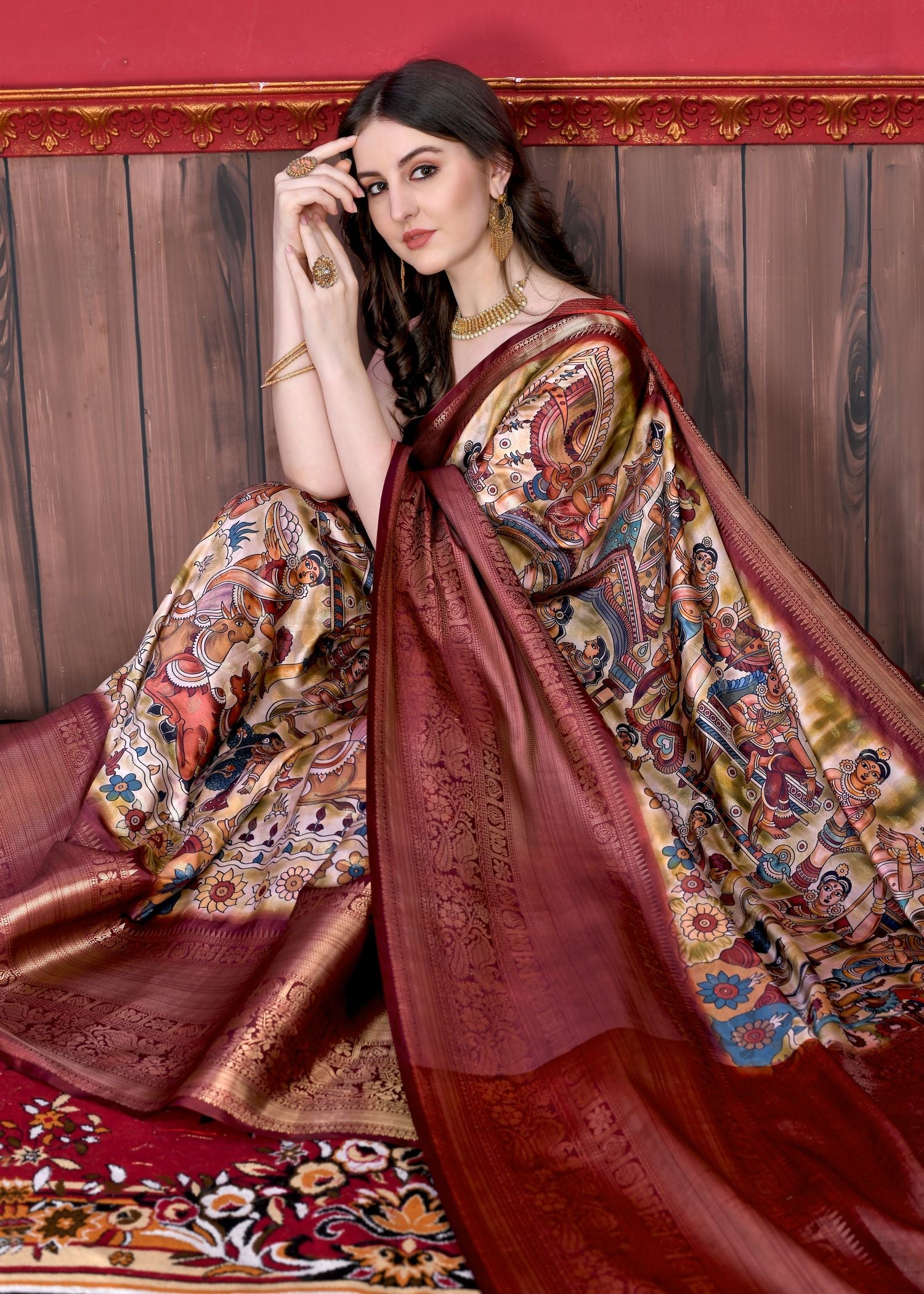 Attractive Beige Kalamkari Printed Saree With Desuetude Blouse Piece