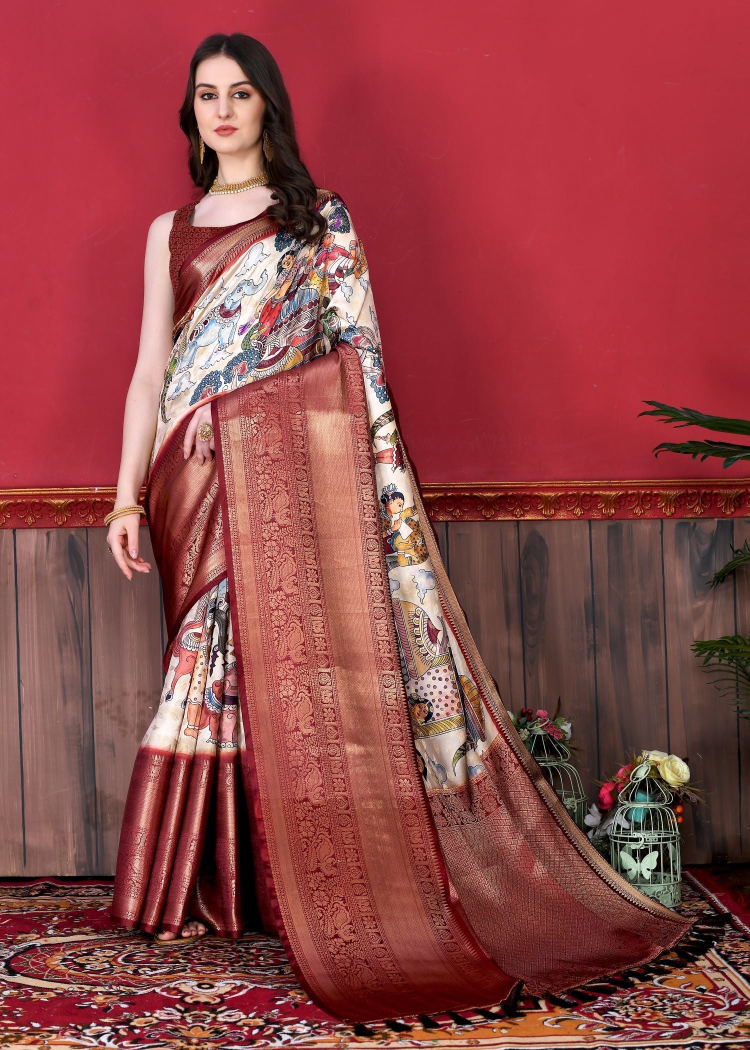 Vibrant Off White Kalamkari Printed Saree With Cynosure Blouse Piece