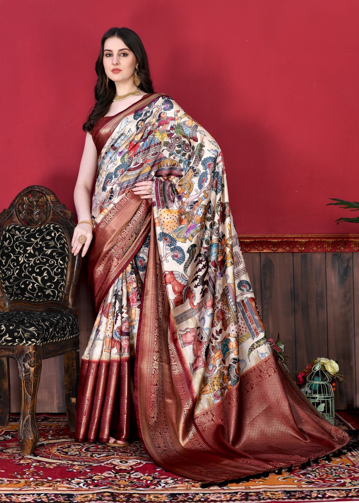 Vibrant Off White Kalamkari Printed Saree With Cynosure Blouse Piece