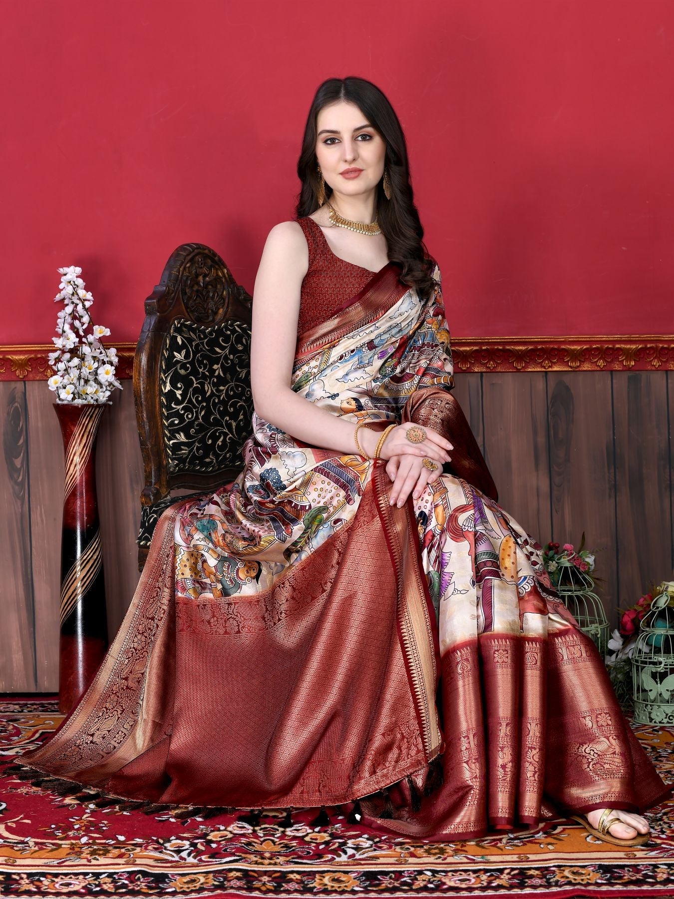 Vibrant Off White Kalamkari Printed Saree With Cynosure Blouse Piece