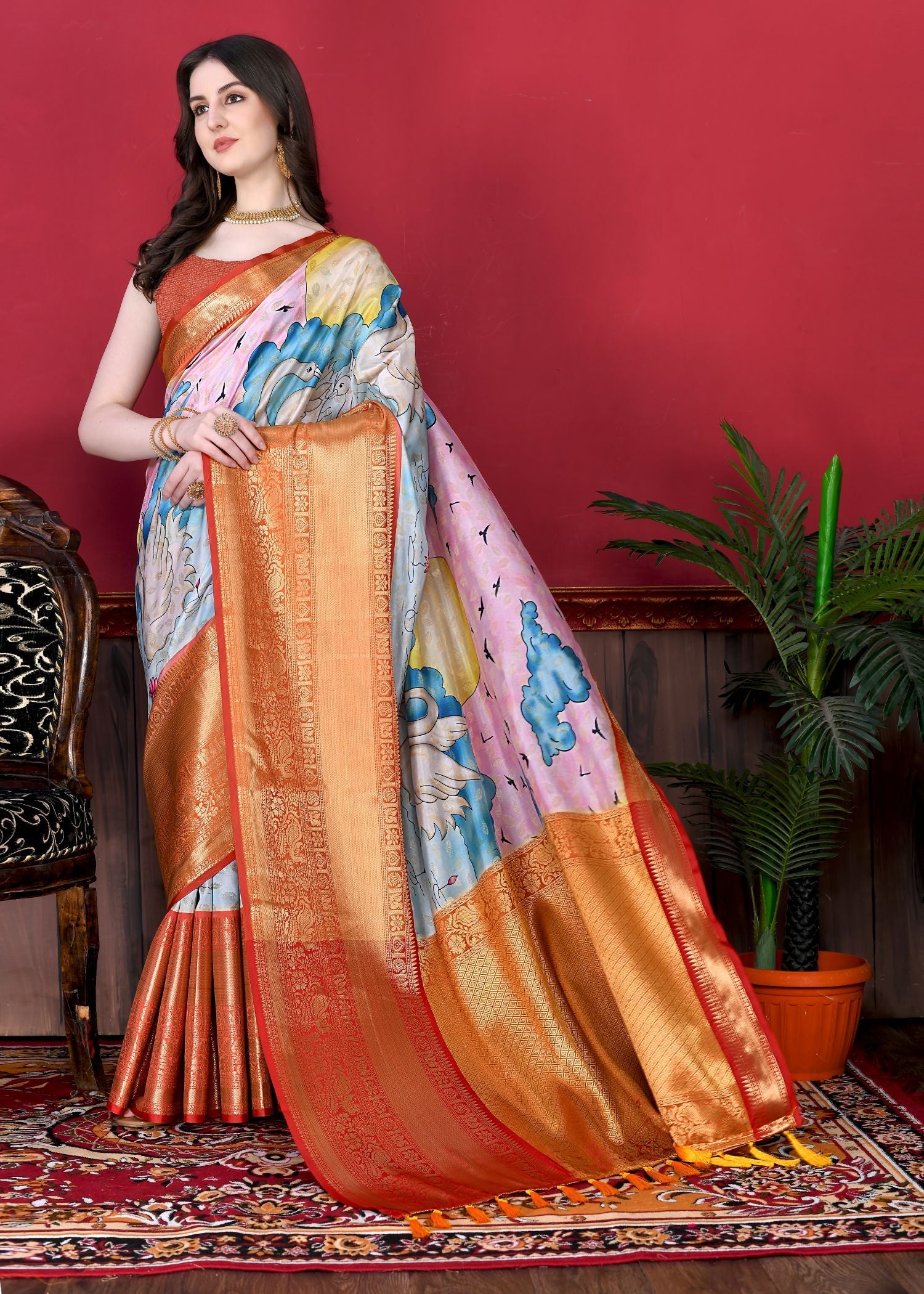 Energetic Pink Kalamkari Printed Saree With Demure Blouse Piece