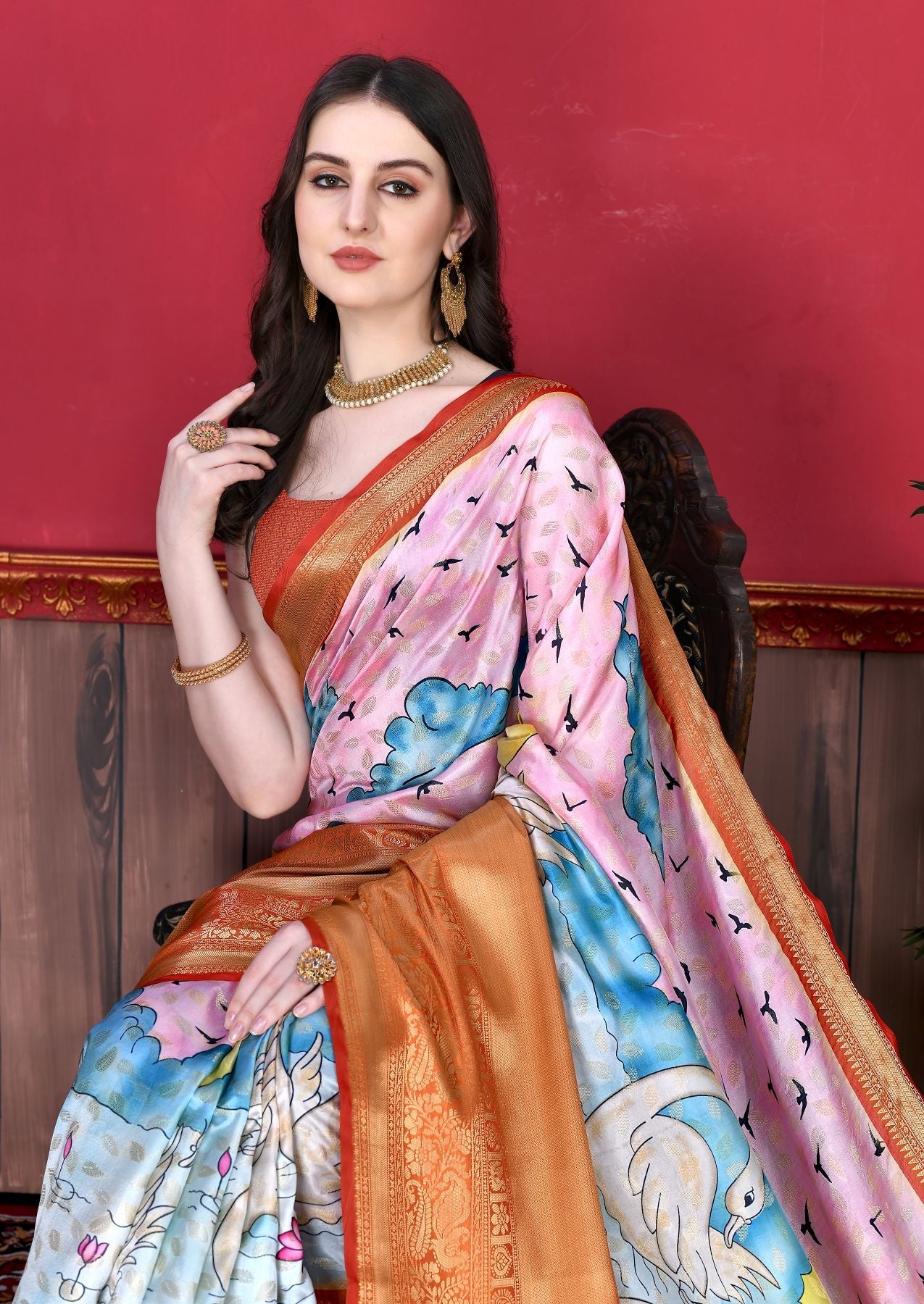 Energetic Pink Kalamkari Printed Saree With Demure Blouse Piece