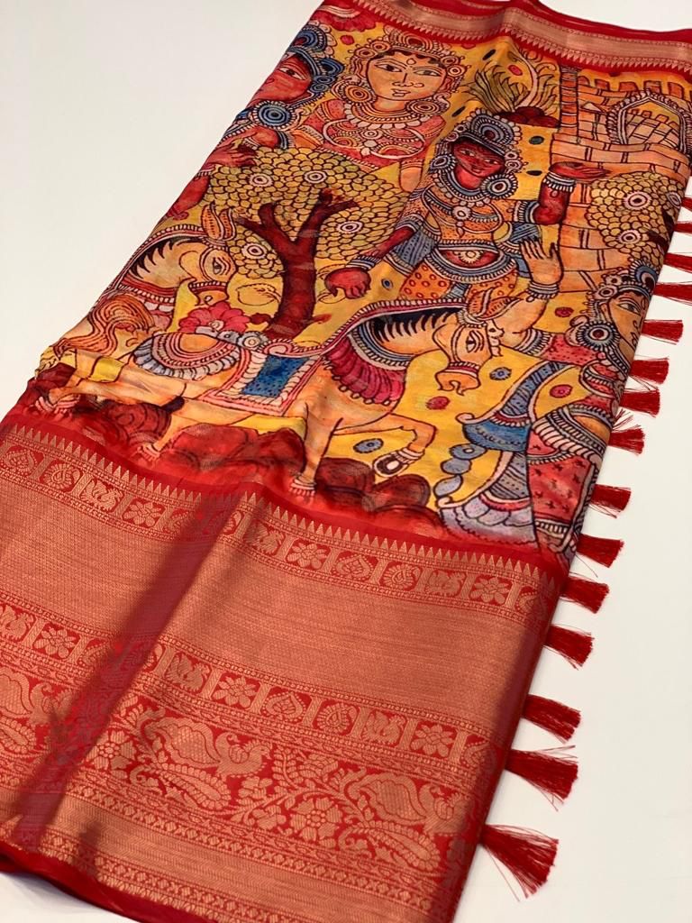 Gleaming Yellow Kalamkari Printed Saree With Demesne Blouse Piece