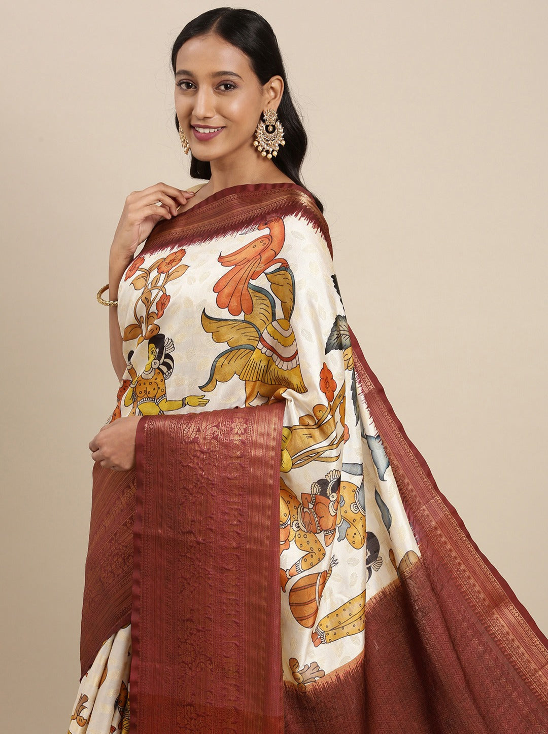 Deserving Beige Kalamkari Printed Saree With Mellifluous Blouse Piece