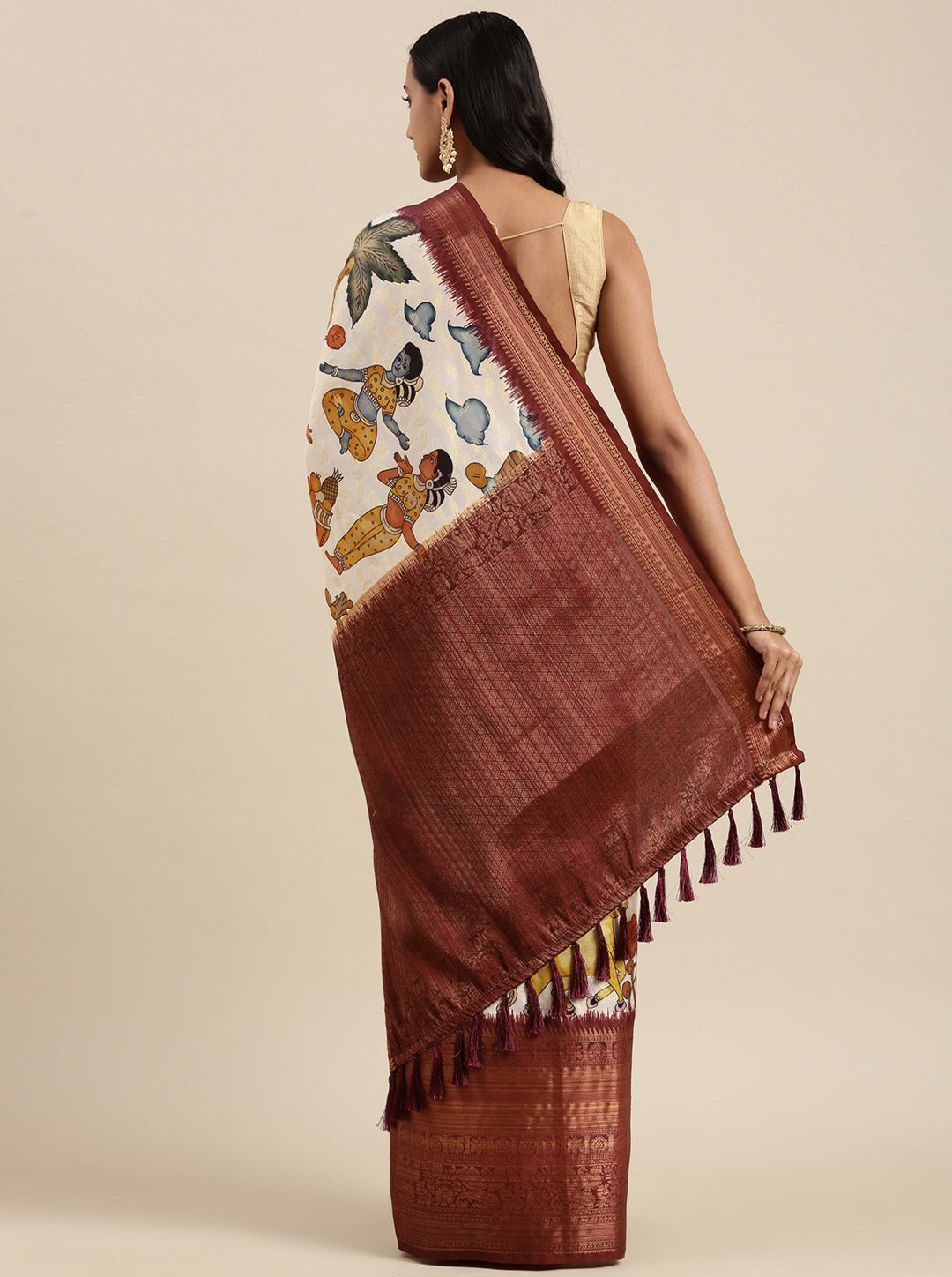 Deserving Beige Kalamkari Printed Saree With Mellifluous Blouse Piece