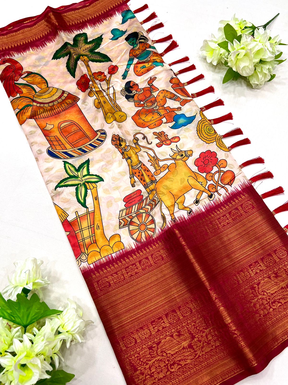 Deserving Beige Kalamkari Printed Saree With Mellifluous Blouse Piece