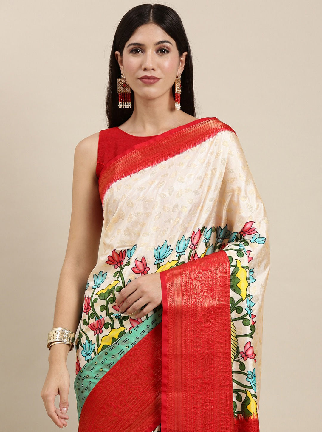 Charming Beige Kalamkari Printed Saree With Lissome Blouse Piece