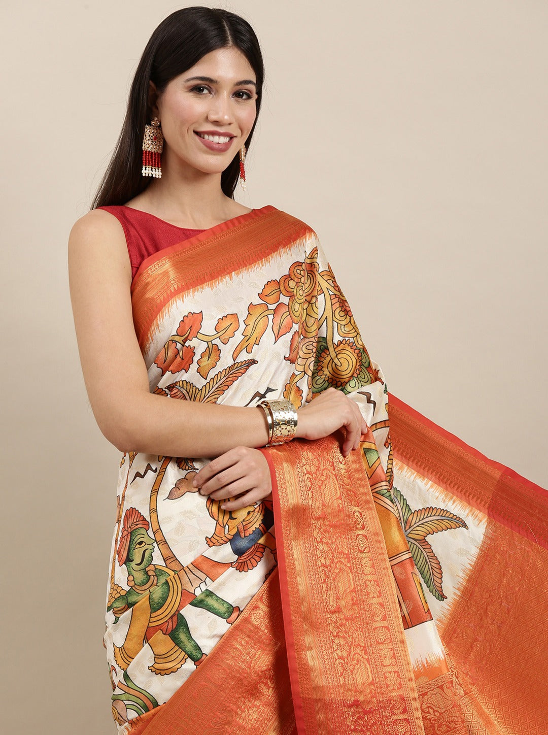 Staring Beige Kalamkari Printed Saree With Lassitude Blouse Piece