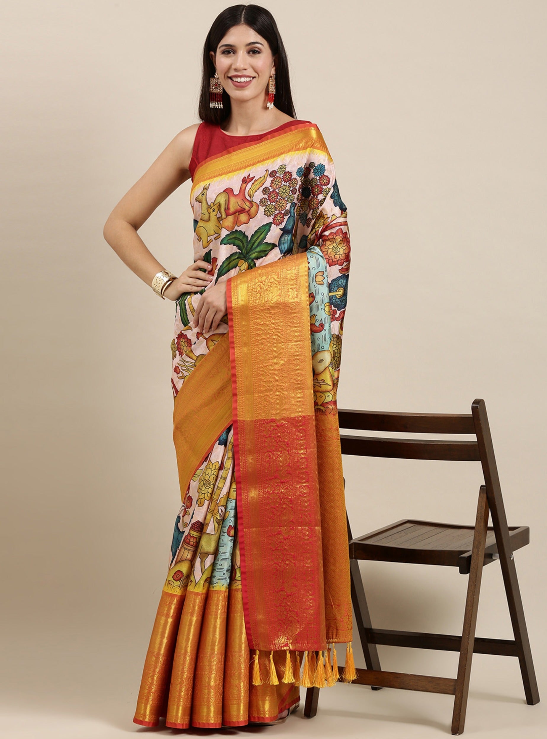 Invaluable Beige Kalamkari Printed Saree With Lagniappe Blouse Piece