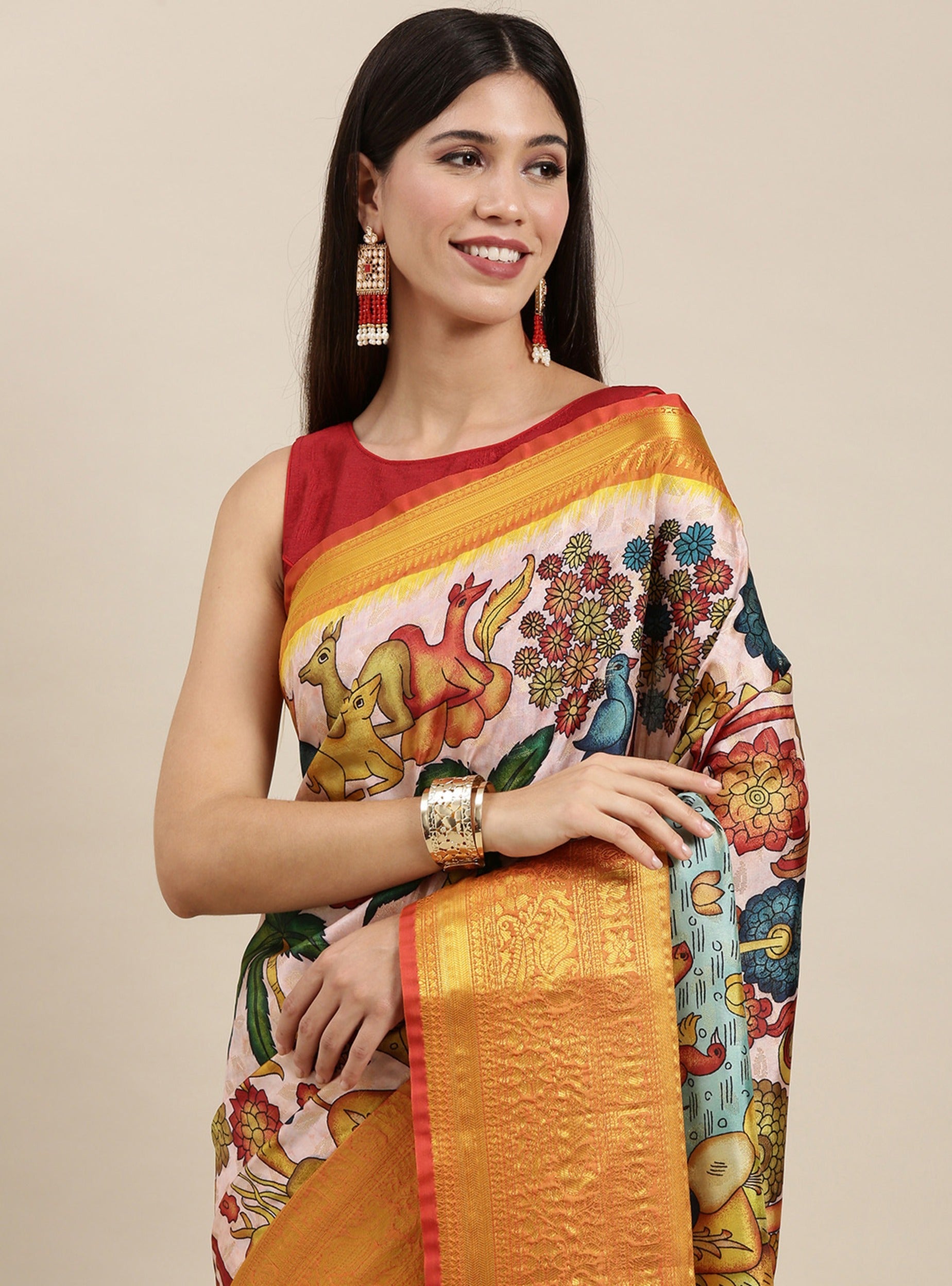 Invaluable Beige Kalamkari Printed Saree With Lagniappe Blouse Piece