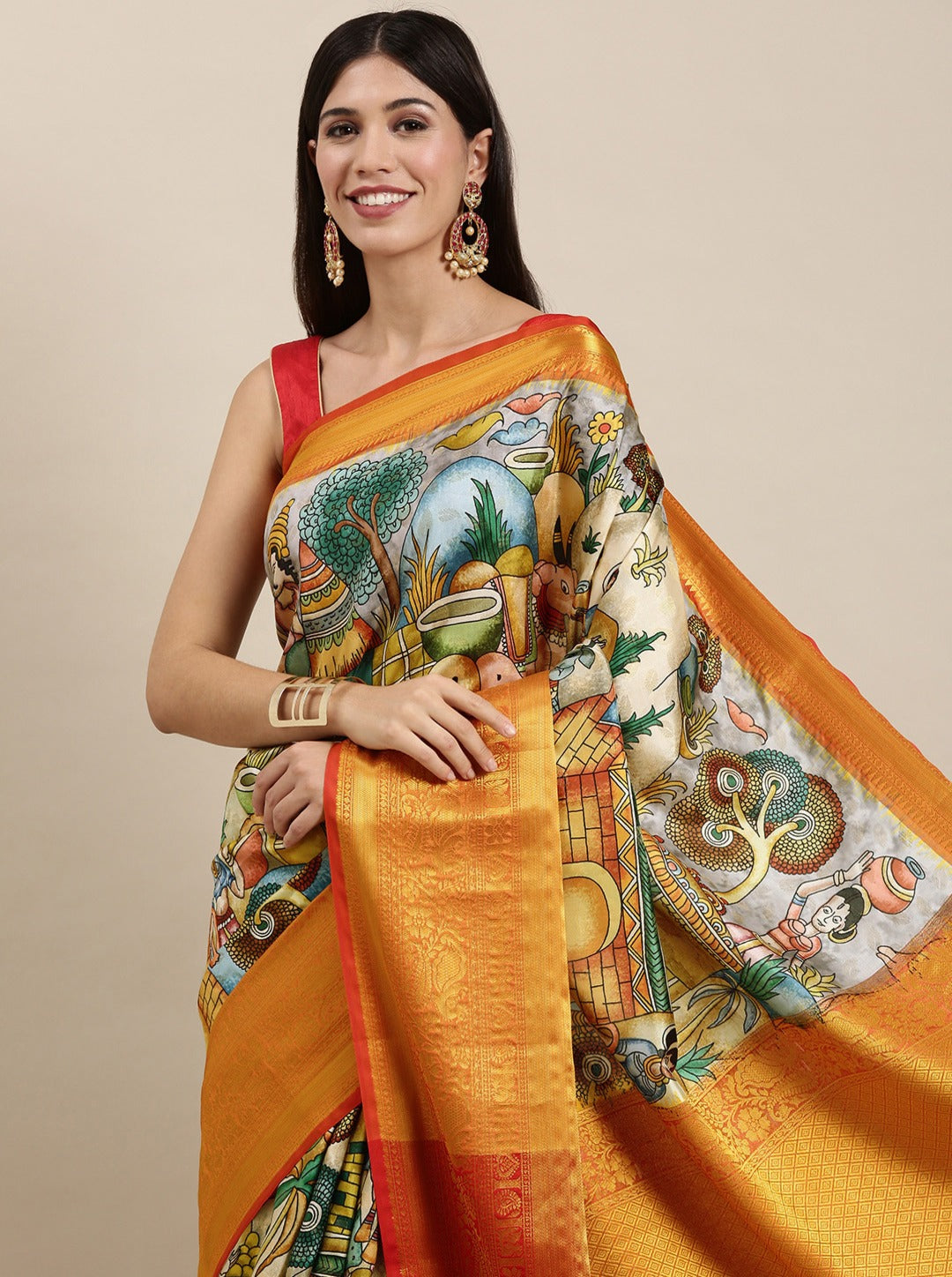 Outstanding Beige Kalamkari Printed Saree With Imbrication Blouse Piece