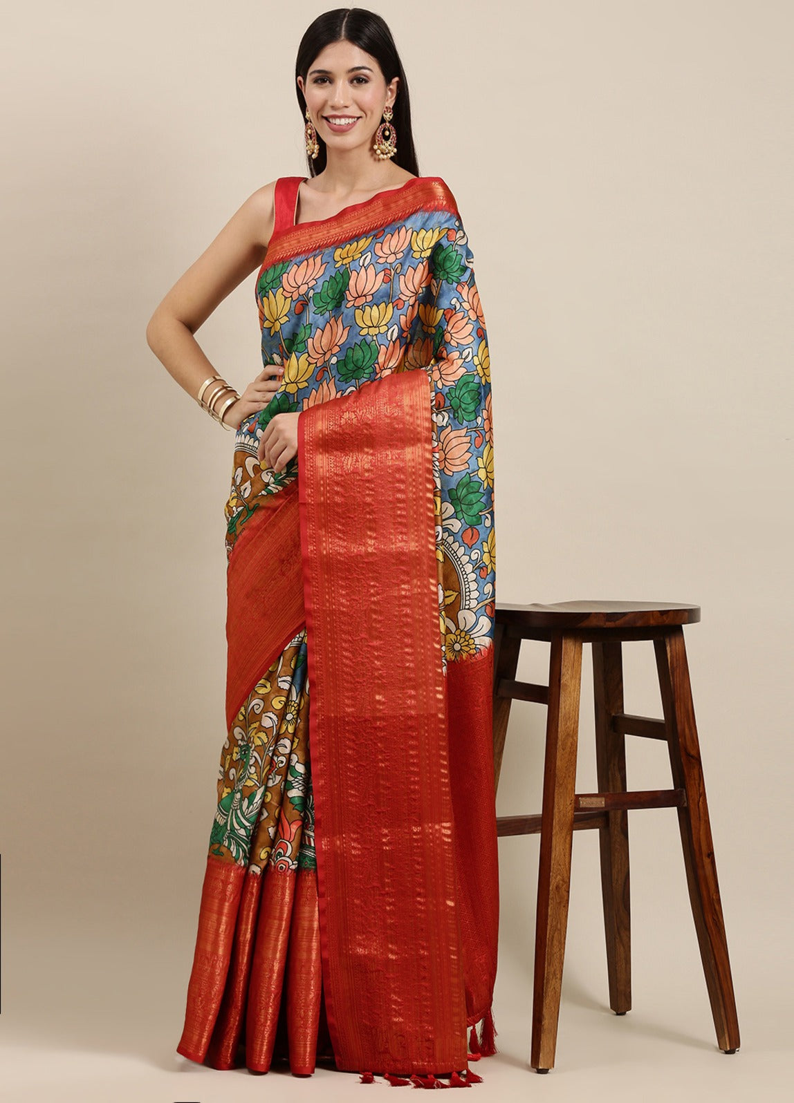 Phenomenal Beige Kalamkari Printed Saree With Gossamer Blouse Piece